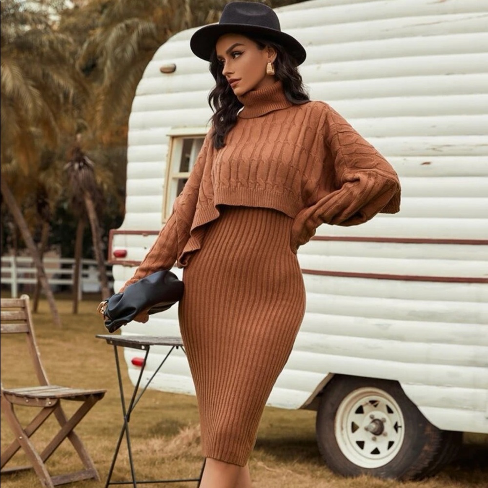 Turtleneck two-piece long sleeve sweater dress-Gray